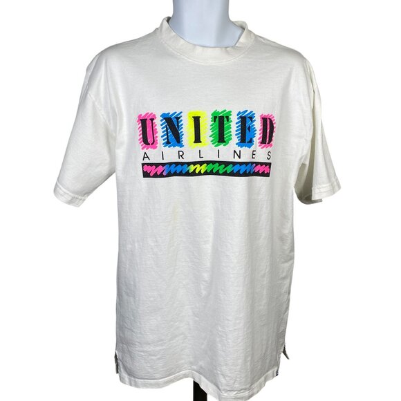 Vintage 90s United Airlines Neon Logo T Shirt Mens XL Oversized Made in USA